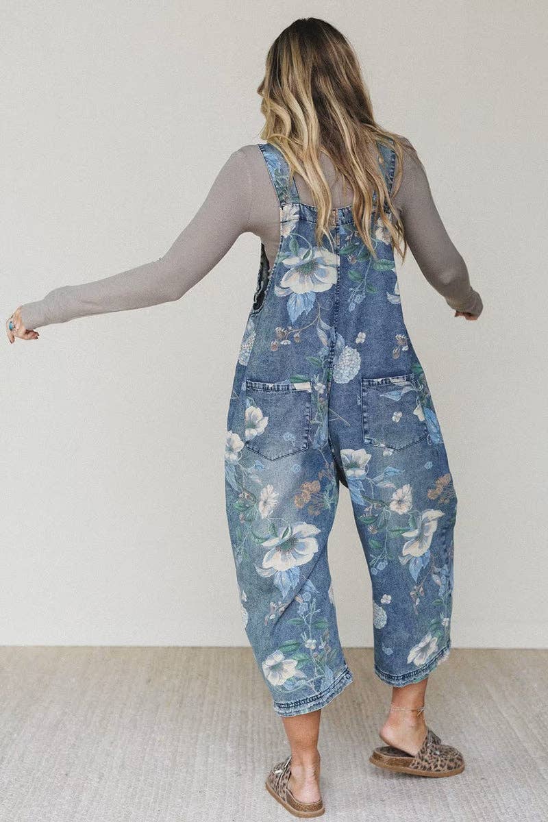 Mccolin - Floral Pattern Denim Jumpsuit