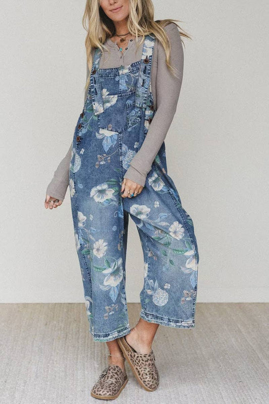 Mccolin - Floral Pattern Denim Jumpsuit