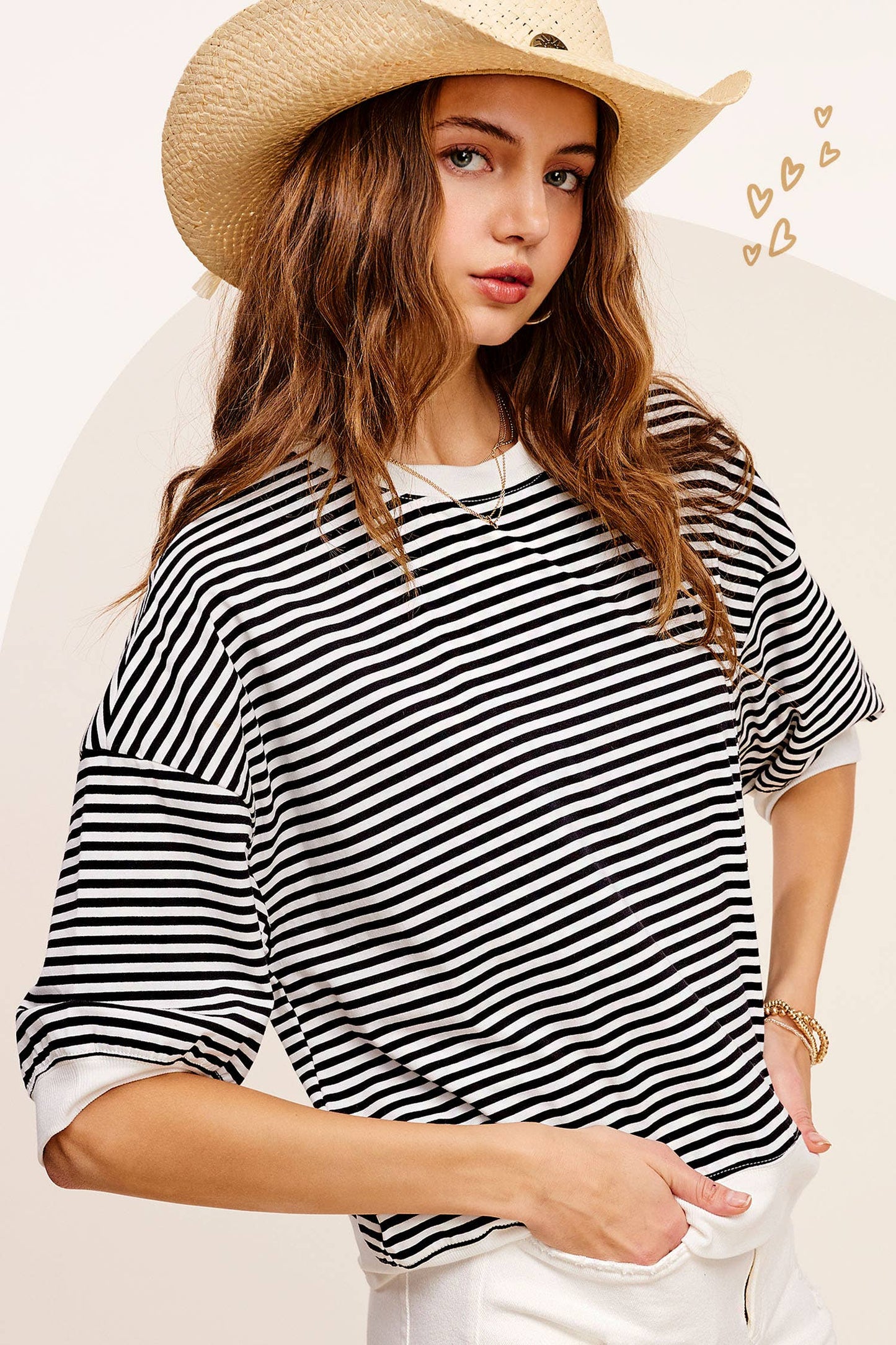 MCT7688-Loose Fit Striped Short Sleeve Crew Neckline Top