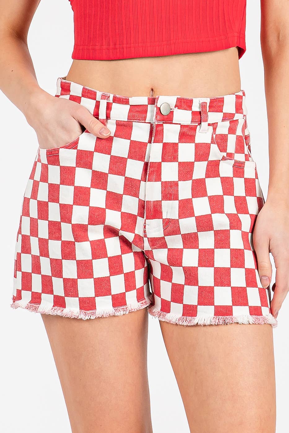 GAME DAY CHECKERED FRAYED HEM CASUAL SHORTS
