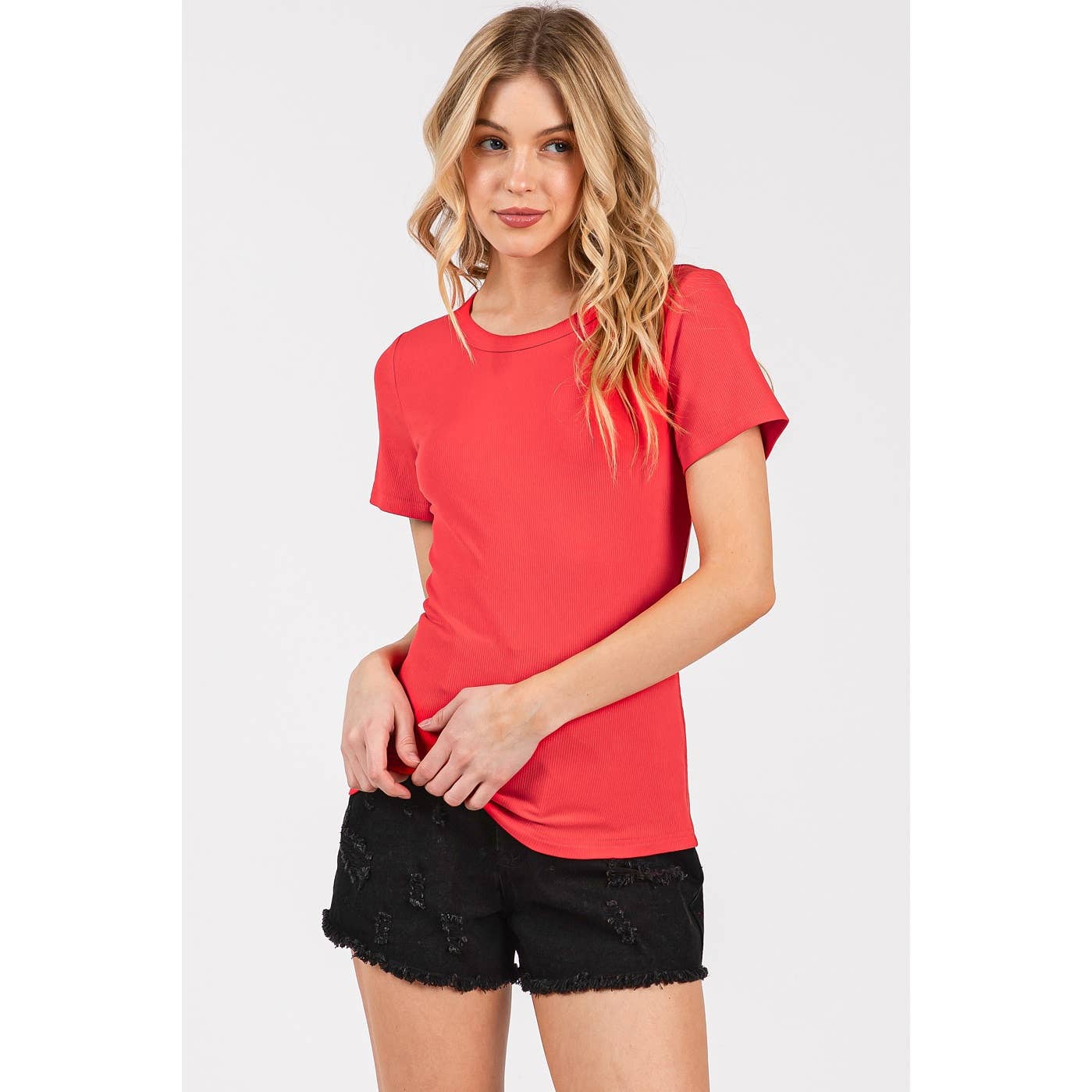 RIBBED ROUND NECK SHORT SLEEVE BASIC CLASSIC TEE