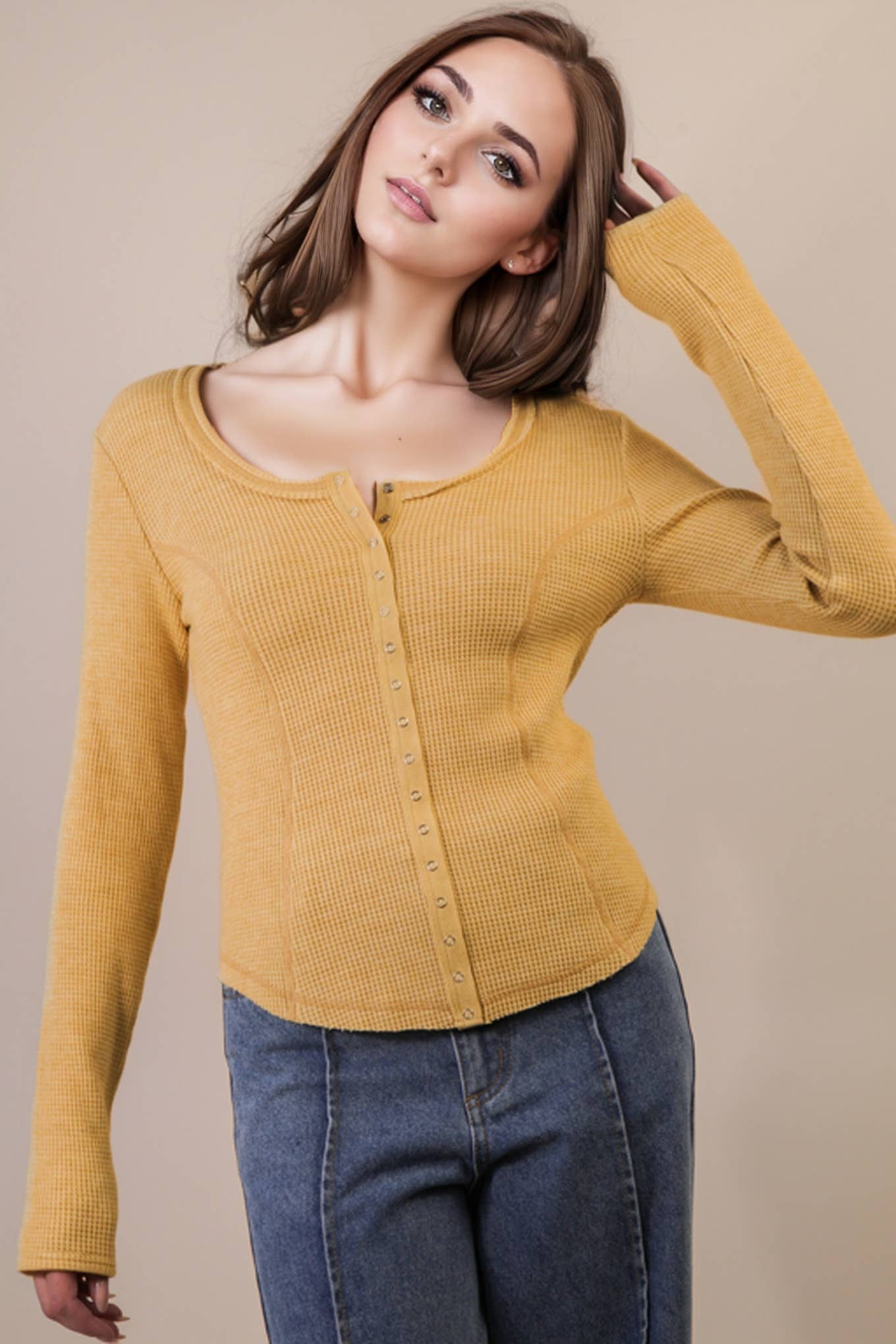 NT12243-Button Down Fitted Knit Casual Top