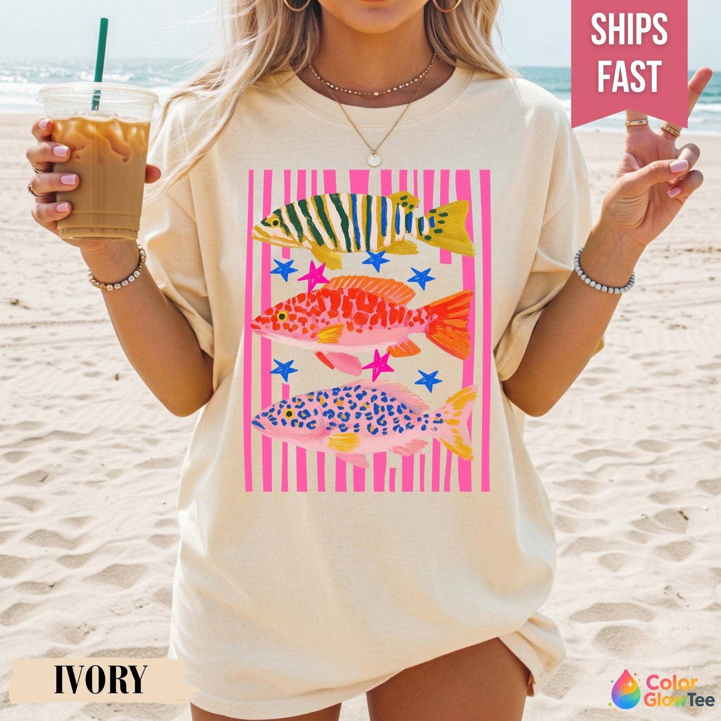 Glaime - Comfort Colors Preppy Fish Graphic Tee, Coastal Summer Beach