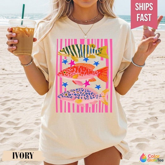 Glaime - Comfort Colors Preppy Fish Graphic Tee, Coastal Summer Beach