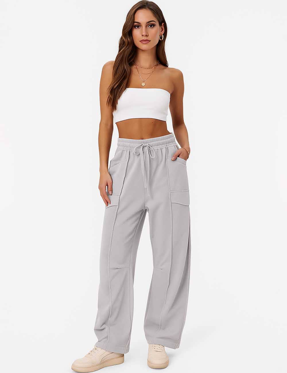 Ladies Contrast Stitching Elastic Waist Drawstring Barrel Pants