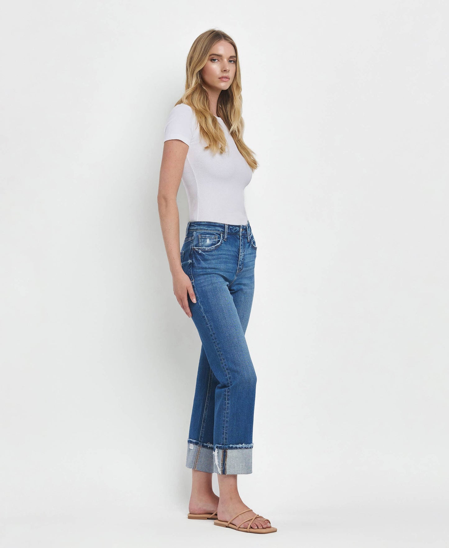 HIGH RISE CUFFED STRAIGHT JEANS T6600