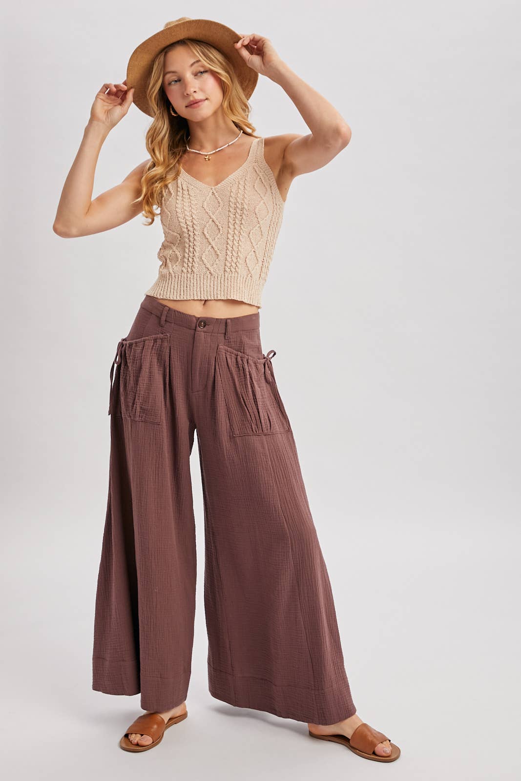Bluivy - DRAWSTRING PATCH POCKETS WIDE LEG PANTS
