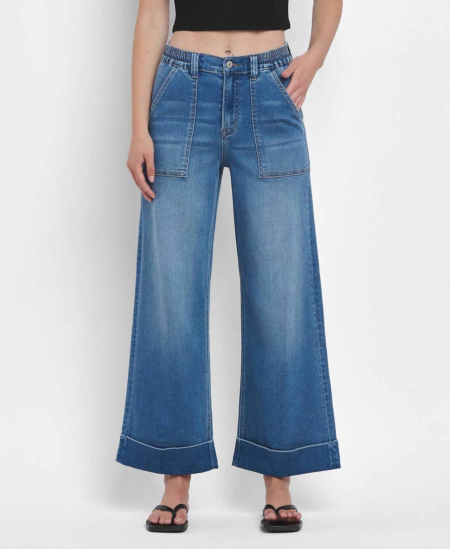 HIGH RISE DOUBLE CUFFED BAGGY WIDE JEANS V3589