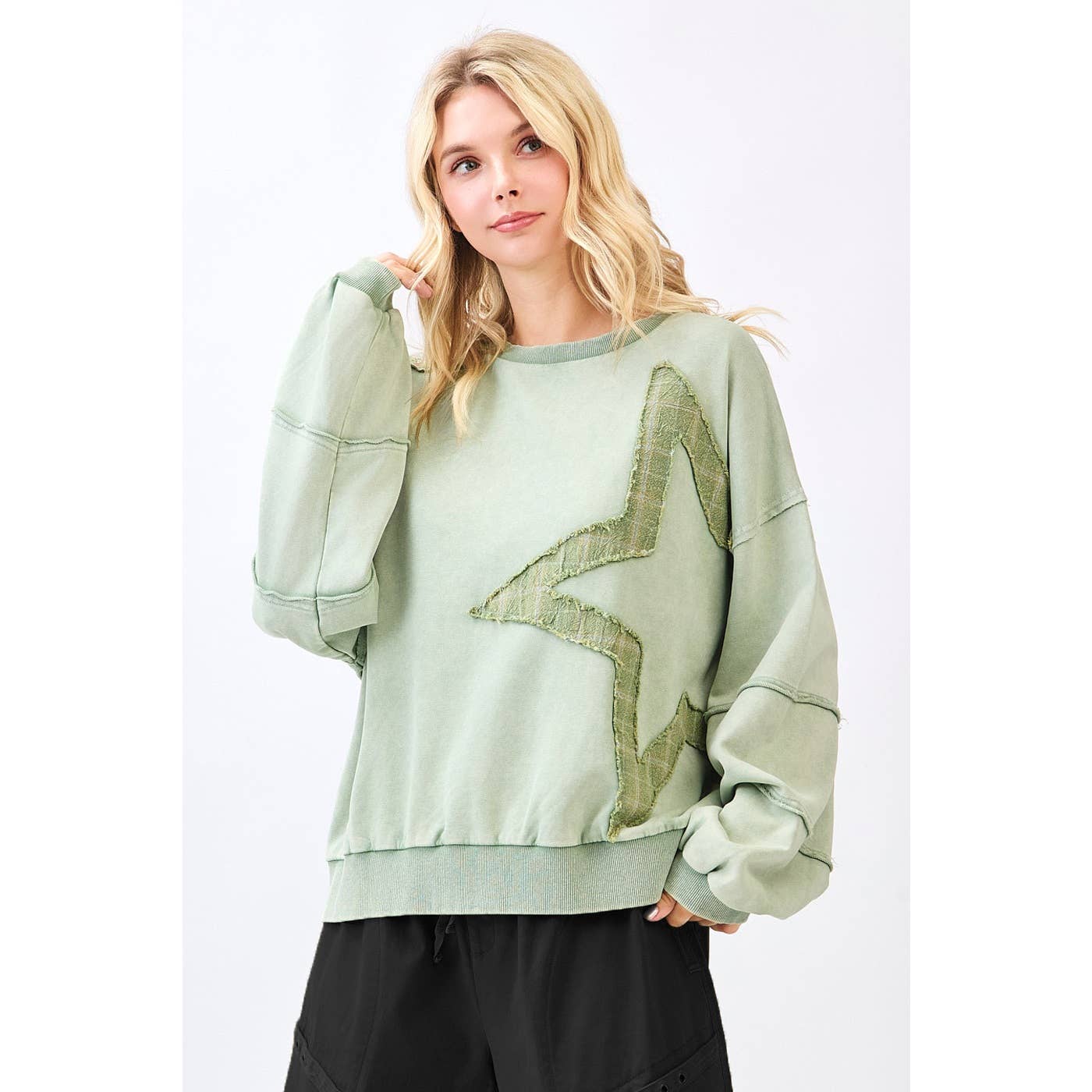 mittoshop - STAR PATCHWORK MINERAL WASH LONG SLEEVE SWEATSHIRT