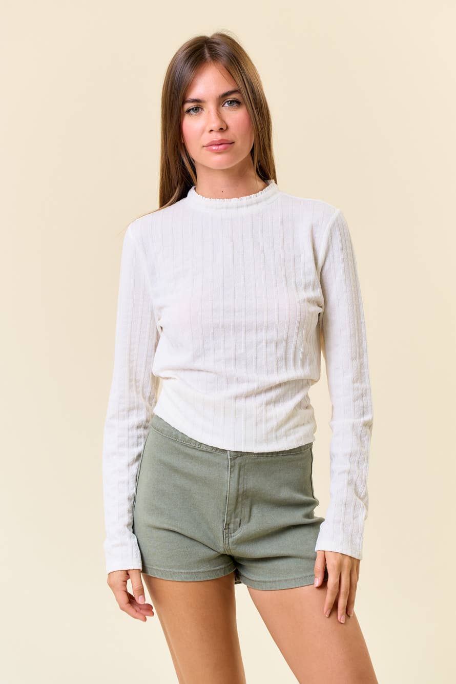 LACE RUFFLED MOCK NECK LONG SLEEVE TOP - 44684T