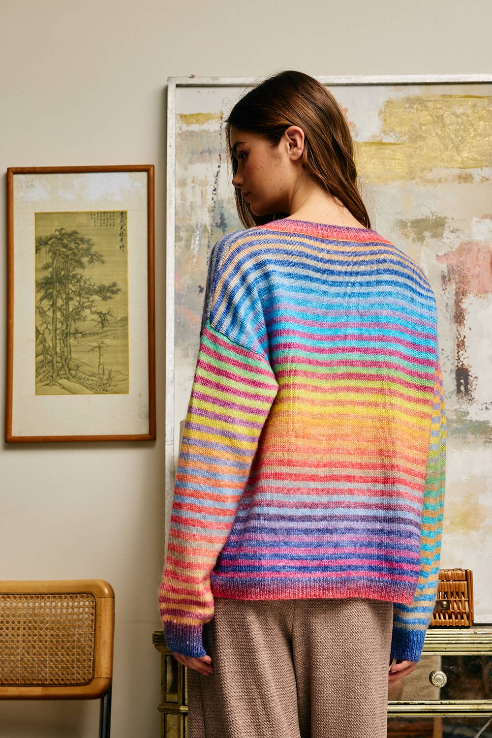 BUCKETLIST INC - IT3002 Space-Dye Striped Button-Down Cardigan