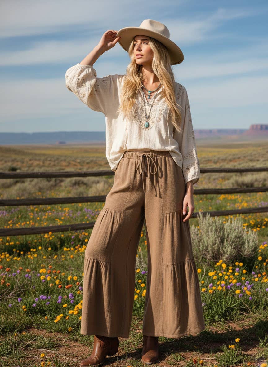 Linen Blend Tiered Wide Leg Palazzo Pants