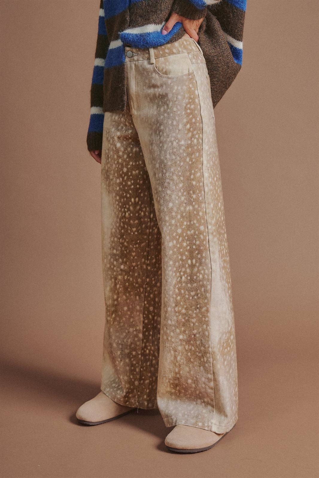 Urban Daizy - Deer Spot Print Wide Leg Cotton Twill Pants