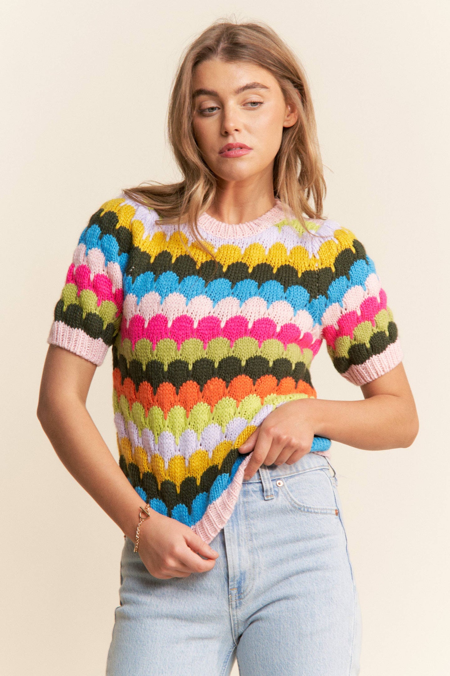 J.NNA - Multicolor Fish Scales Pattern Knit Sweater Top