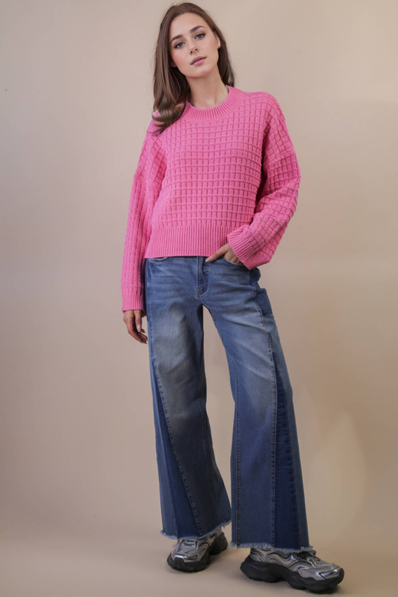 12W3518N-Oversized Textured Solid Casual Knit Sweater Top