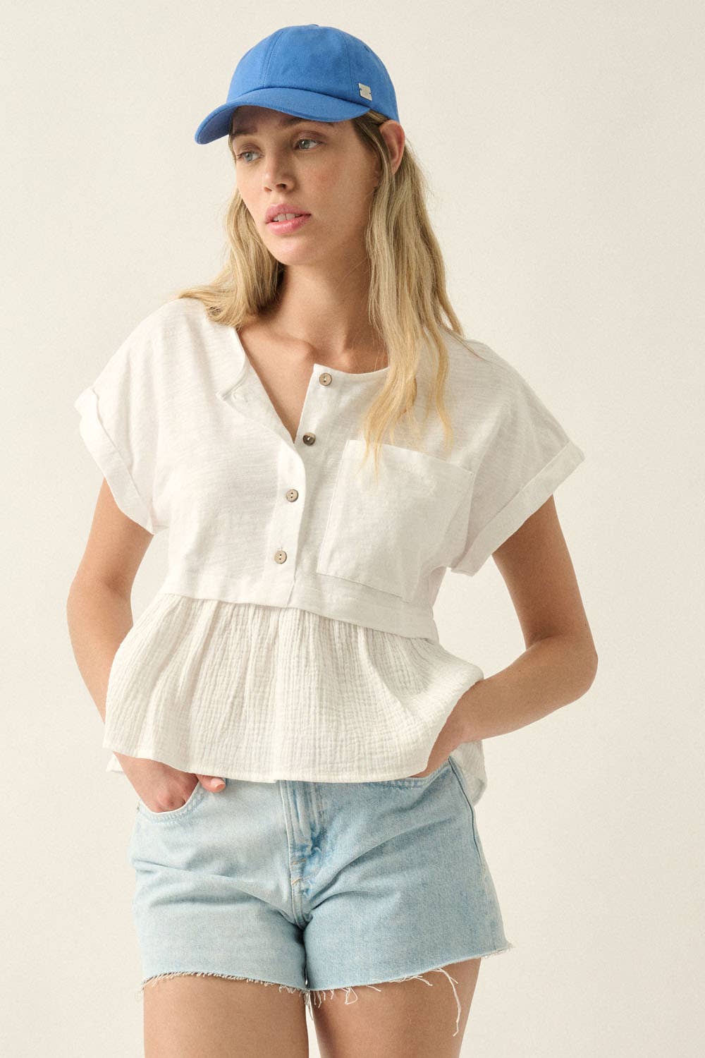 Slub Knit Crinkle Cotton Half-Button Babydoll Top