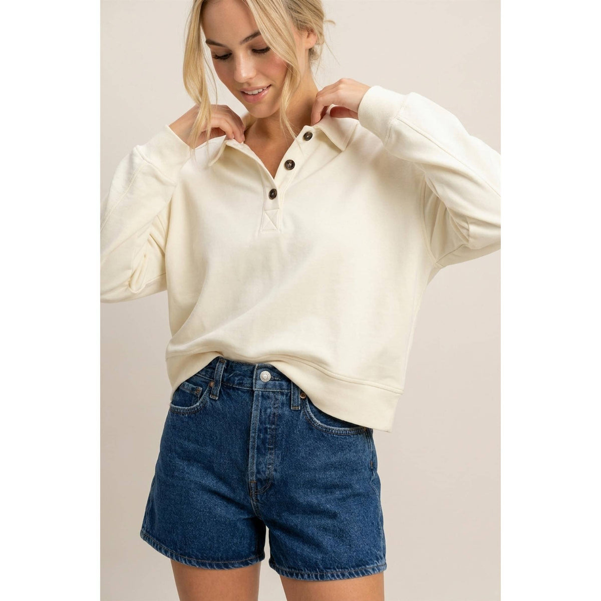 Double Zero - Washed Button-Front Collared Sweatshirt