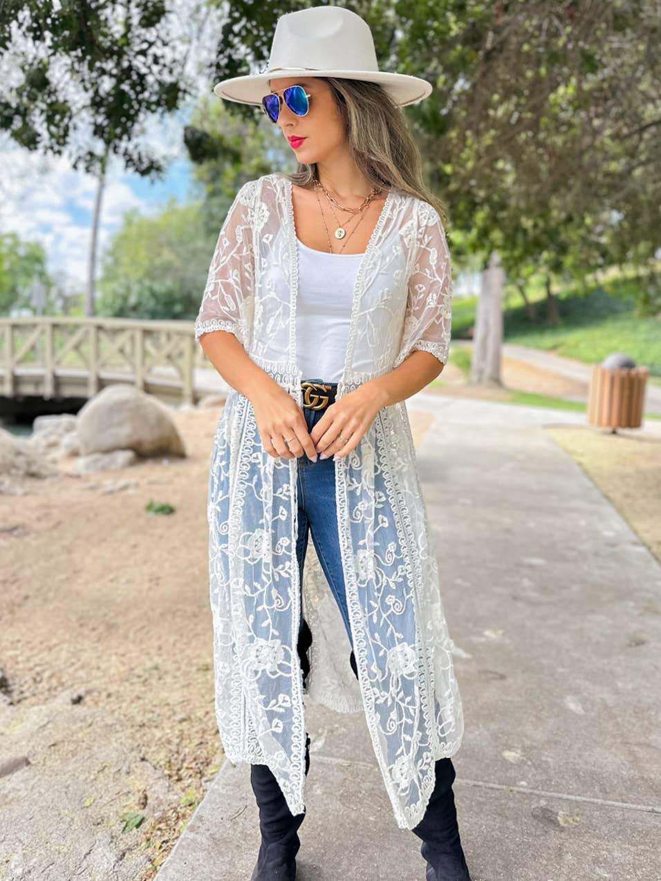 AMOLI - Ivory Boho Floral Lace Sheer Dressy Maxi Kimono Cover Up