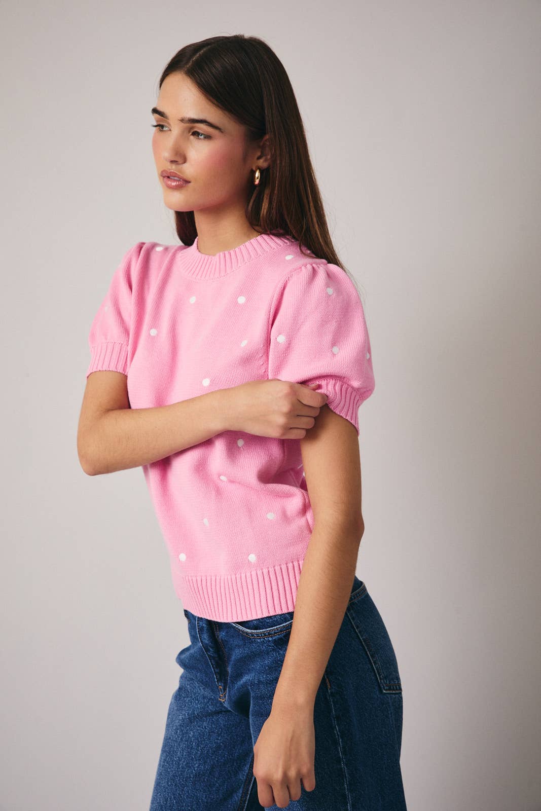 Sunday Edition - ROUND NECK PUFF SHORT SLEEVE "POLKA DOT" EMBROIDERED SWEATER