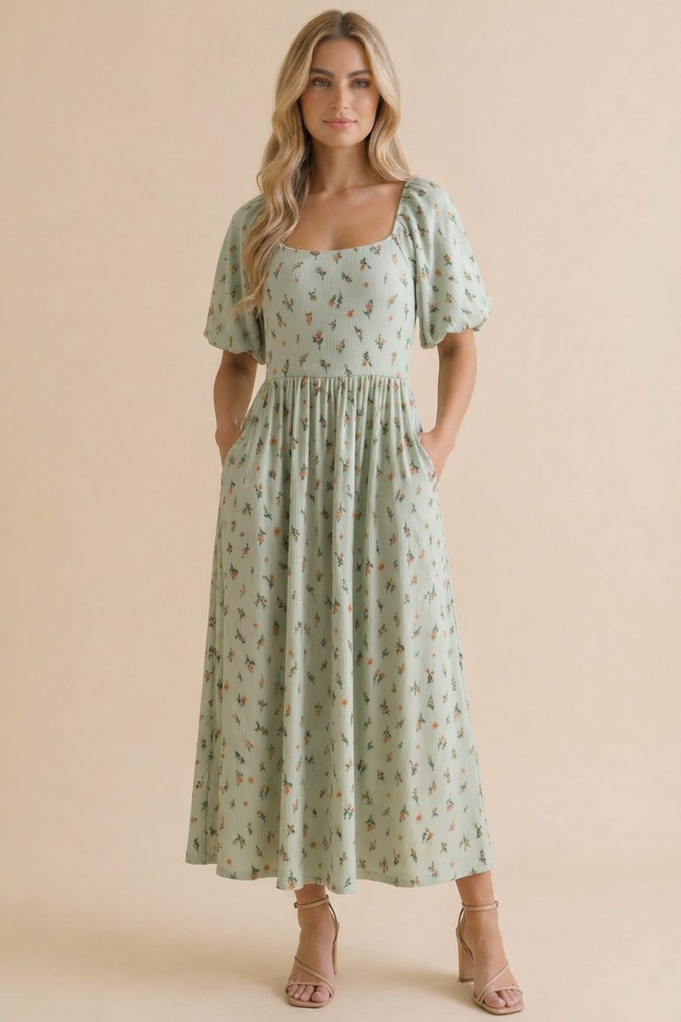 Haptics - Square Neck Floral Babydoll Rib Knit Dress