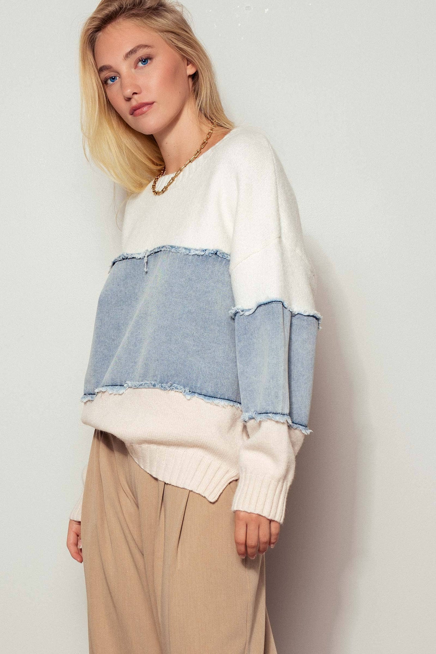 Colorblock Distressed Denim Patchwork Knit Sweater