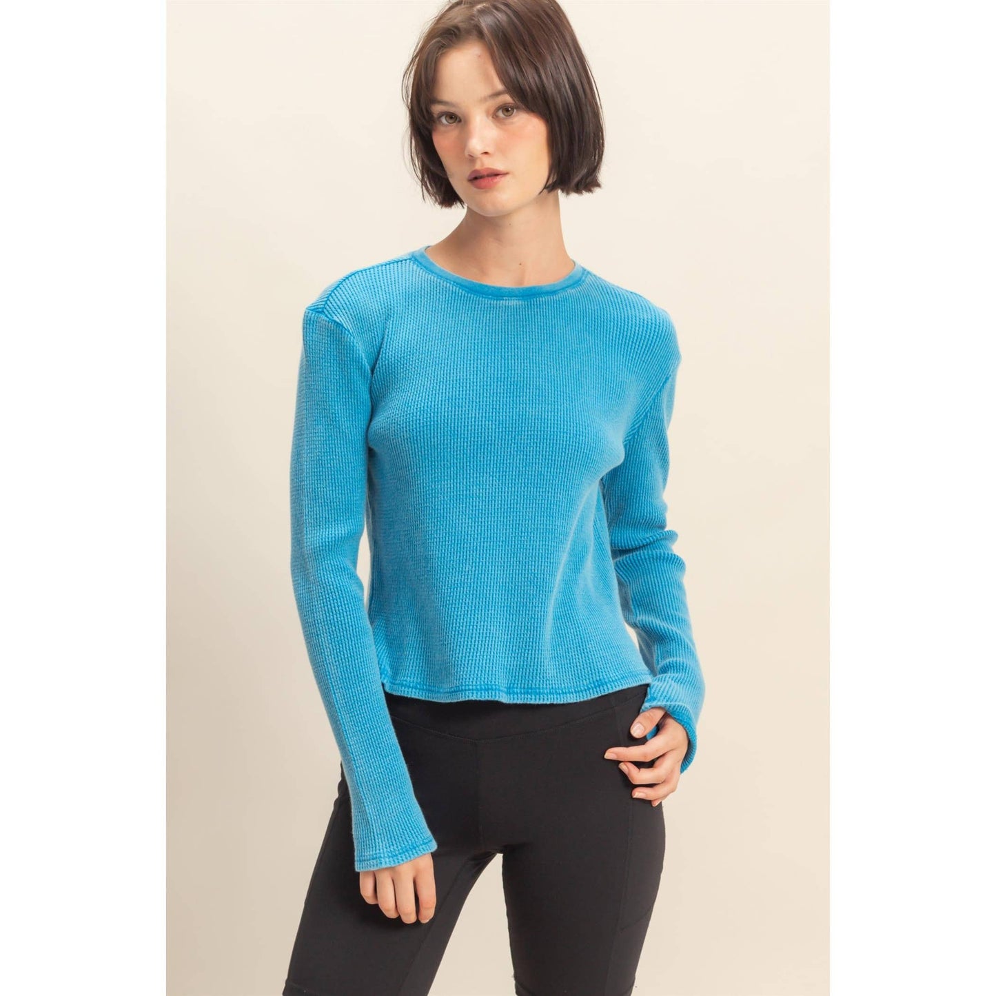 Mineral Wash Waffle Knit Long Sleeve Top