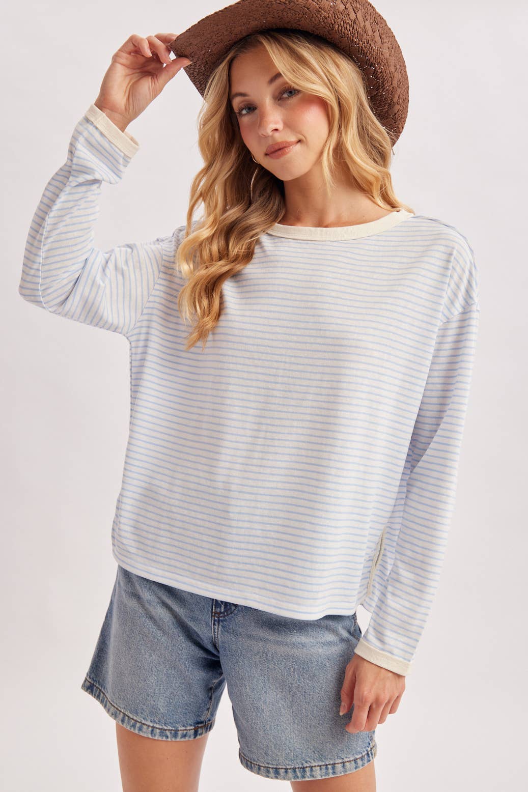 OVERSIZED BOXY STRIPED KNIT LONG SLEEVE TOP