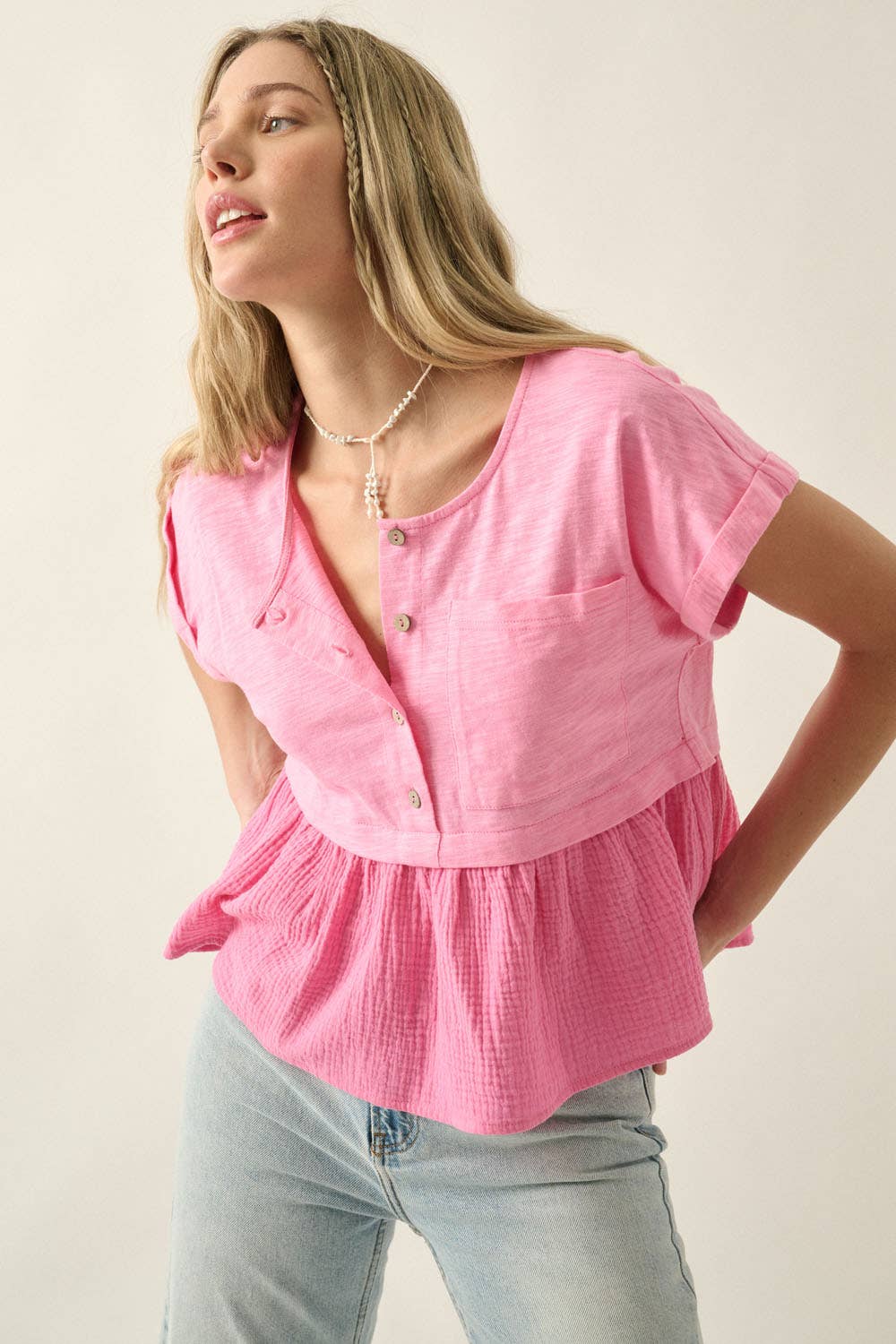 Slub Knit Crinkle Cotton Half-Button Babydoll Top