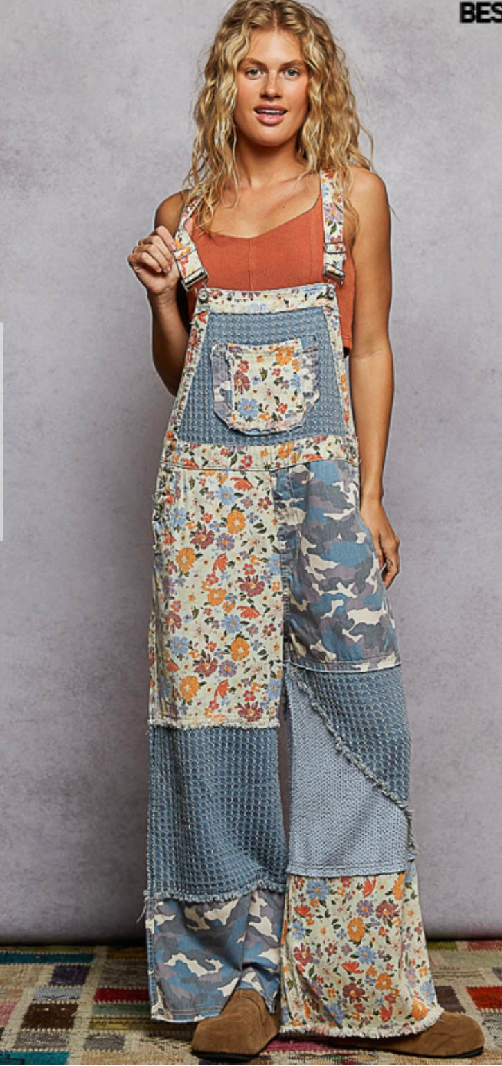 Multi pattern denim overall