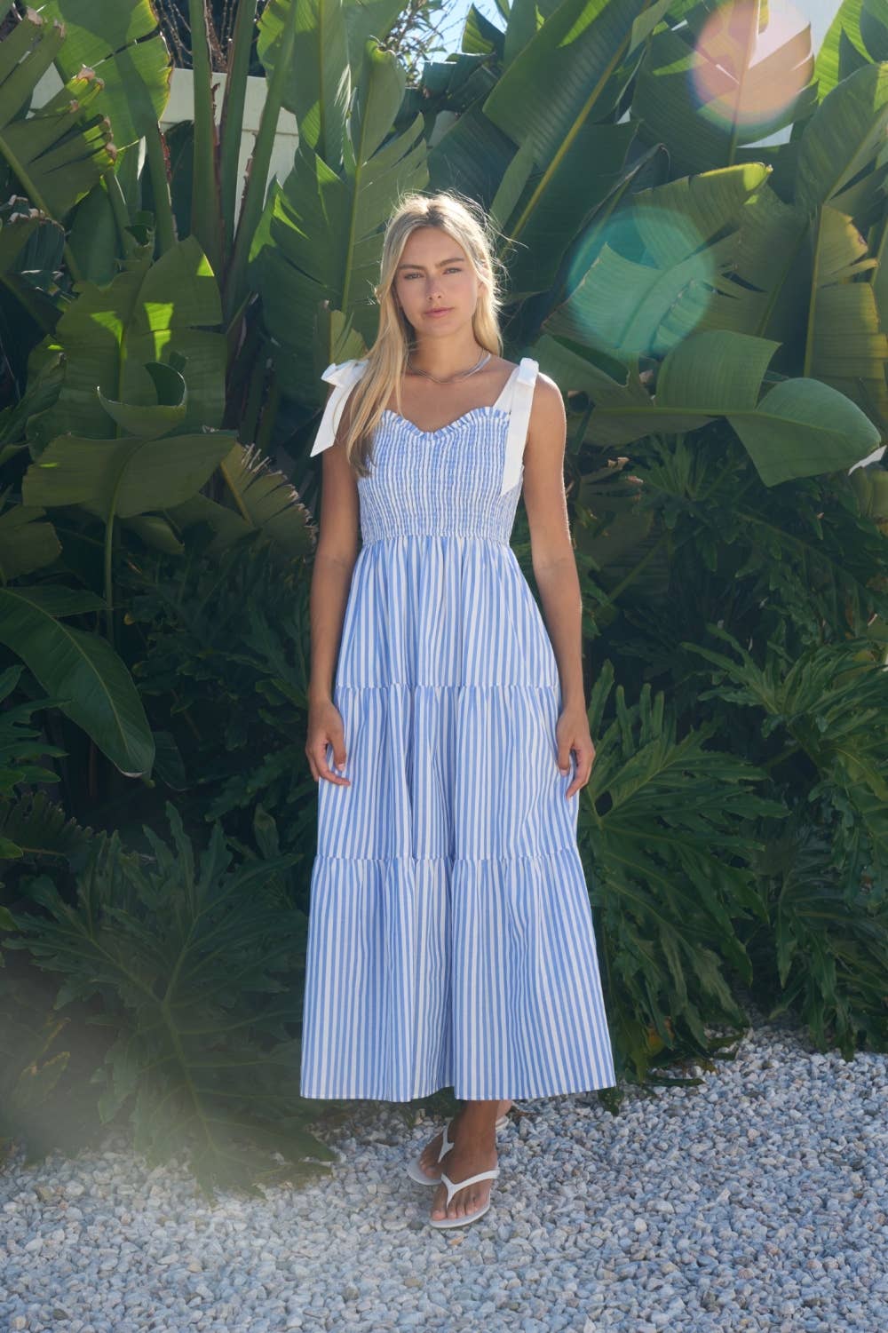 Dottie Dottié Garage - Blue Stripe Smocked Tie Strap Tiered Midi Dress