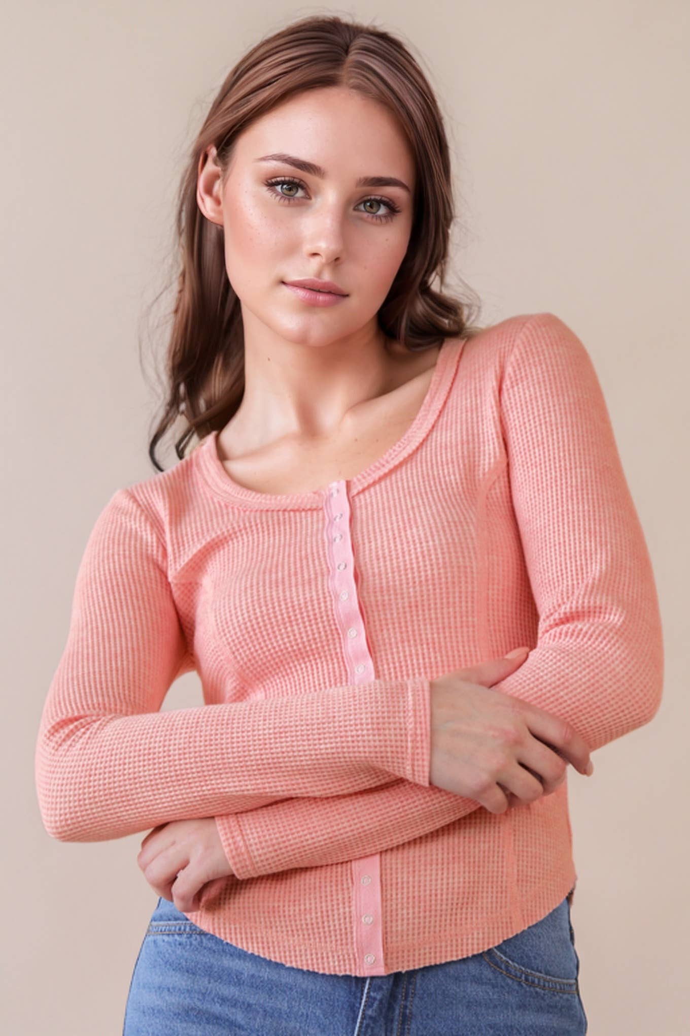NT12243-Button Down Fitted Knit Casual Top