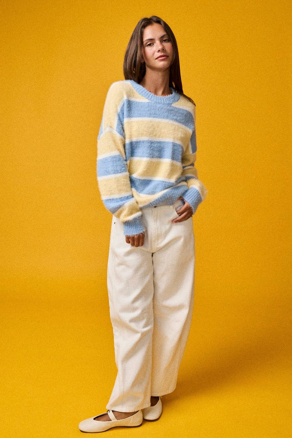 PT19021 - Loose Fit Striped Fuzzy Knit Sweater Top