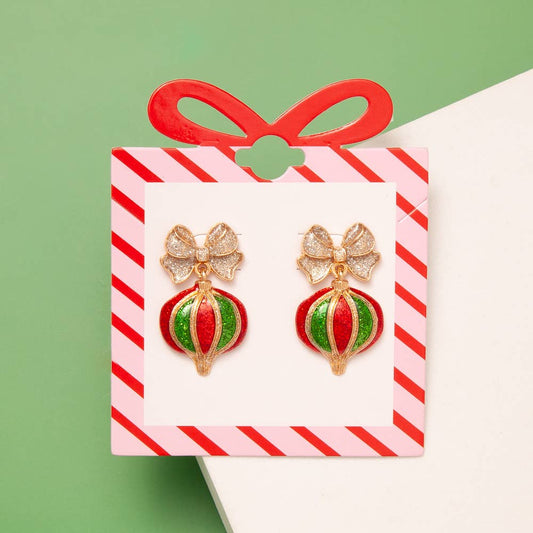 SP Sophia Collection - Christmas Bow Ornament Drop Earrings With Glitter Detail