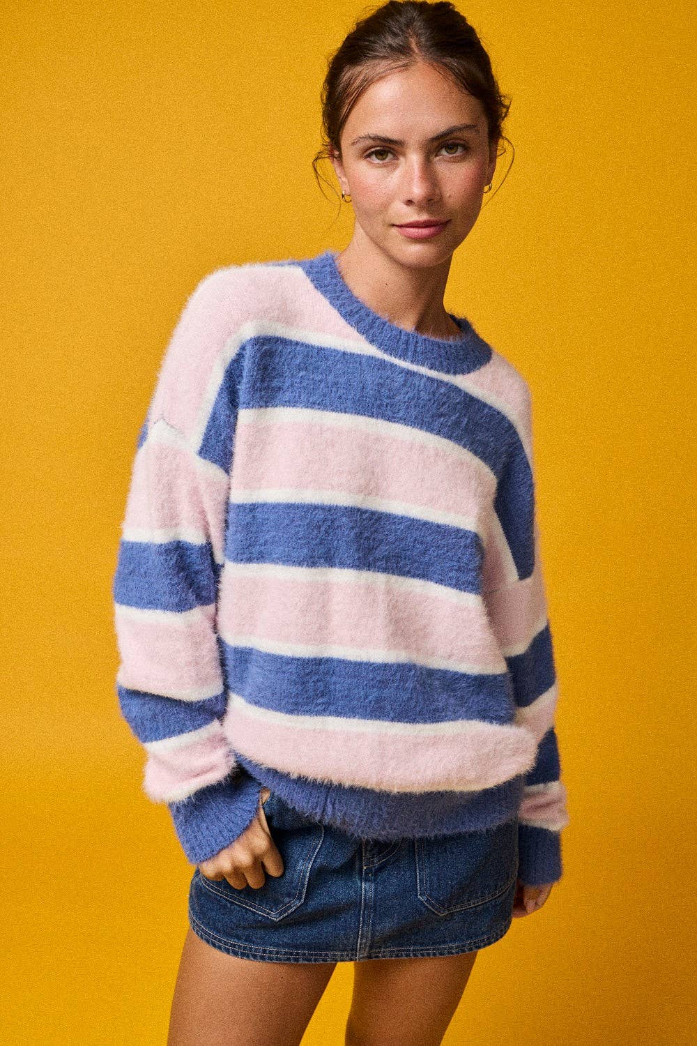 PT19021 - Loose Fit Striped Fuzzy Knit Sweater Top