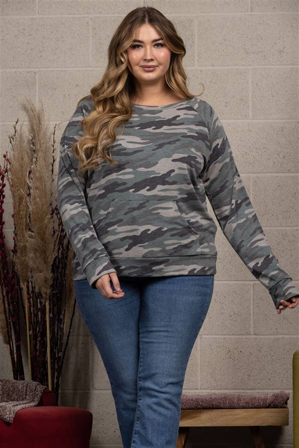 MILITARY PRINT PULLOVER PLUS SIZE TOP T7571PLB