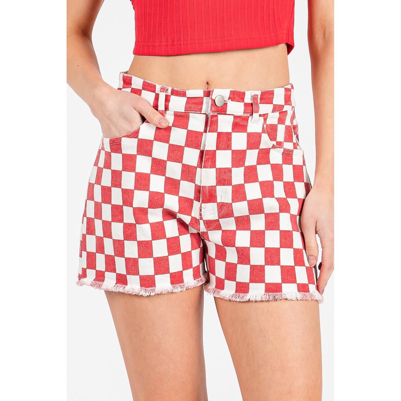 GAME DAY CHECKERED FRAYED HEM CASUAL SHORTS