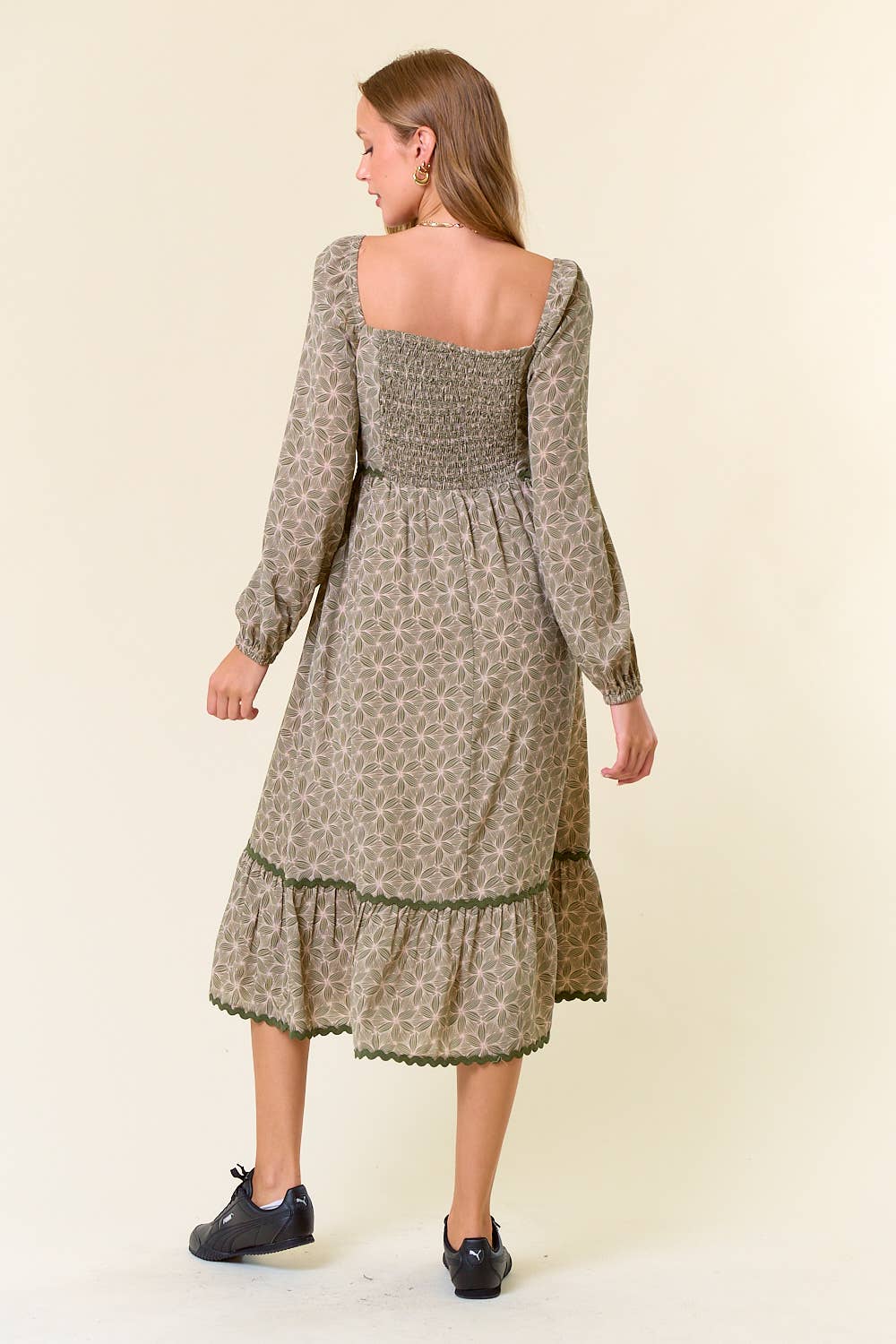 Floral Square Neck Lace Tiered Midi Dress - 27847D
