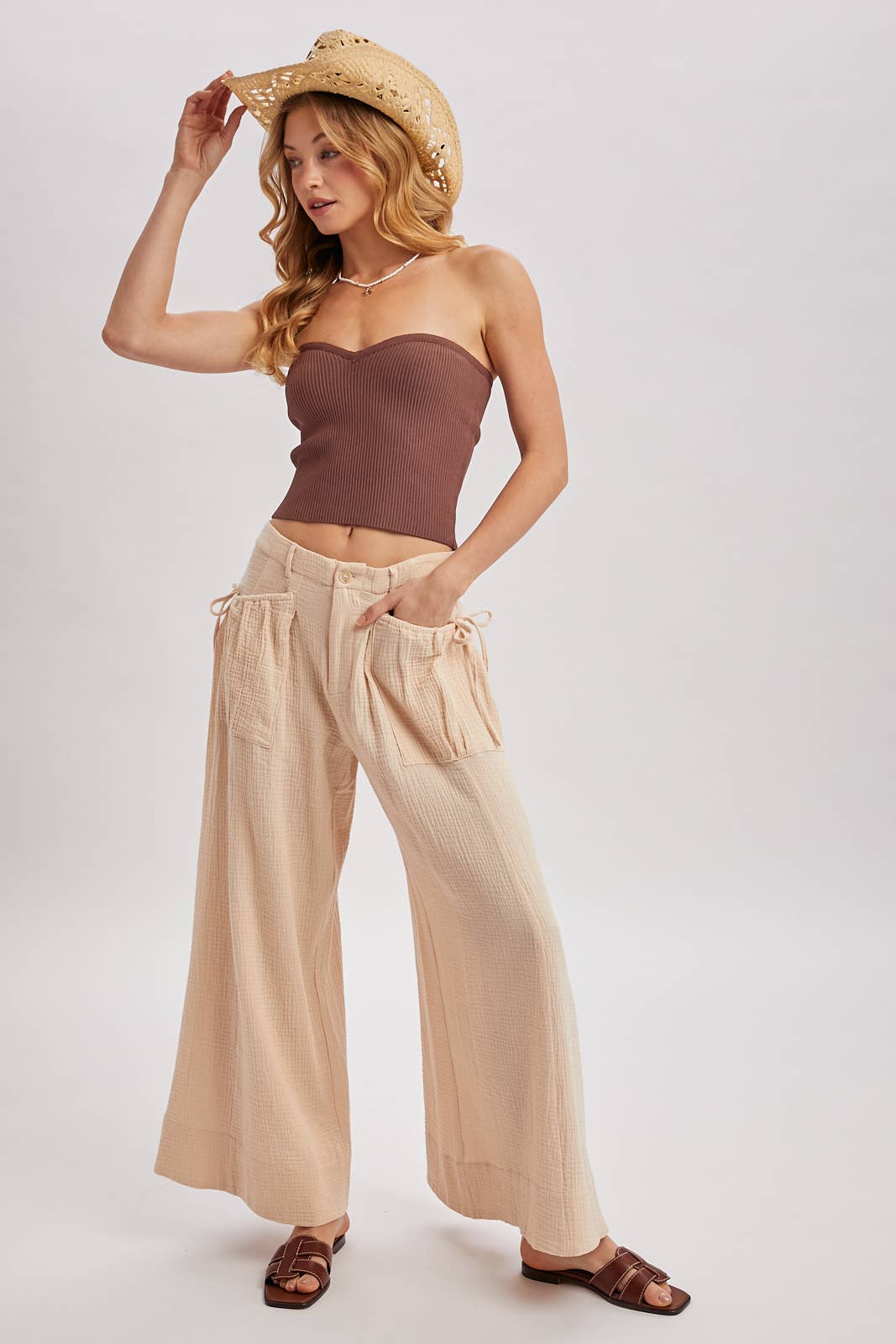 Bluivy - DRAWSTRING PATCH POCKETS WIDE LEG PANTS