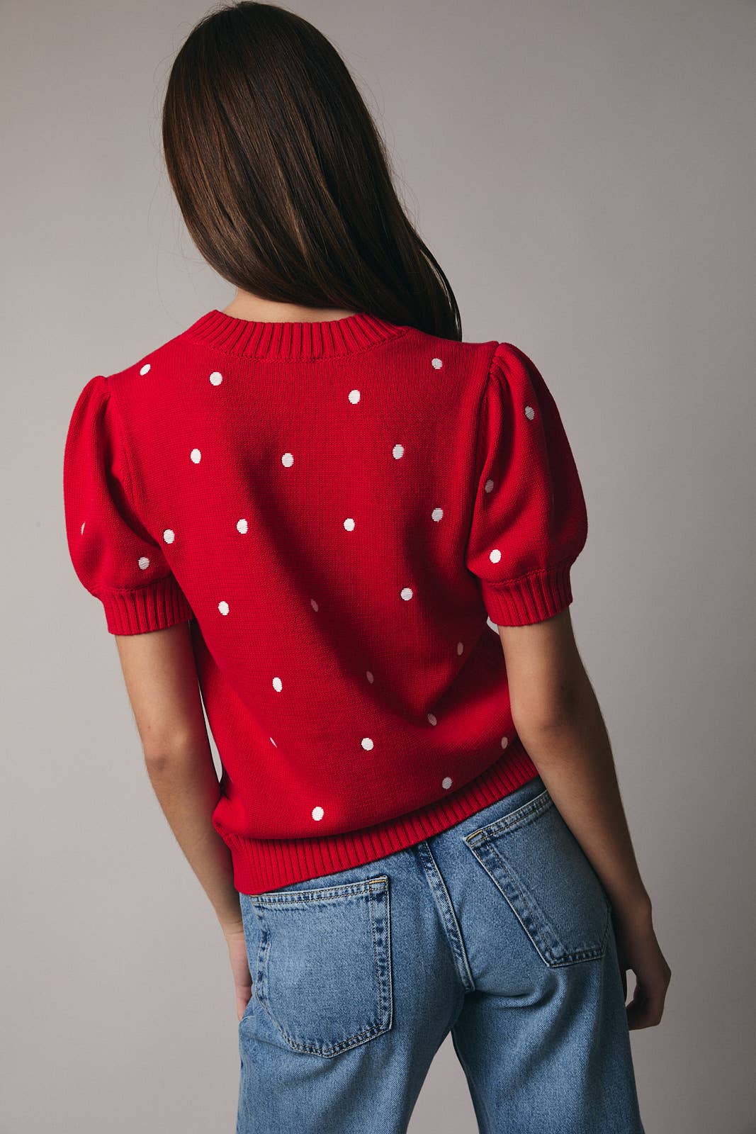Sunday Edition - ROUND NECK PUFF SHORT SLEEVE "POLKA DOT" EMBROIDERED SWEATER