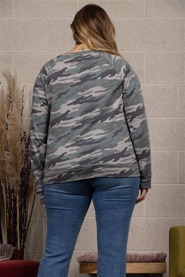 MILITARY PRINT PULLOVER PLUS SIZE TOP T7571PLB