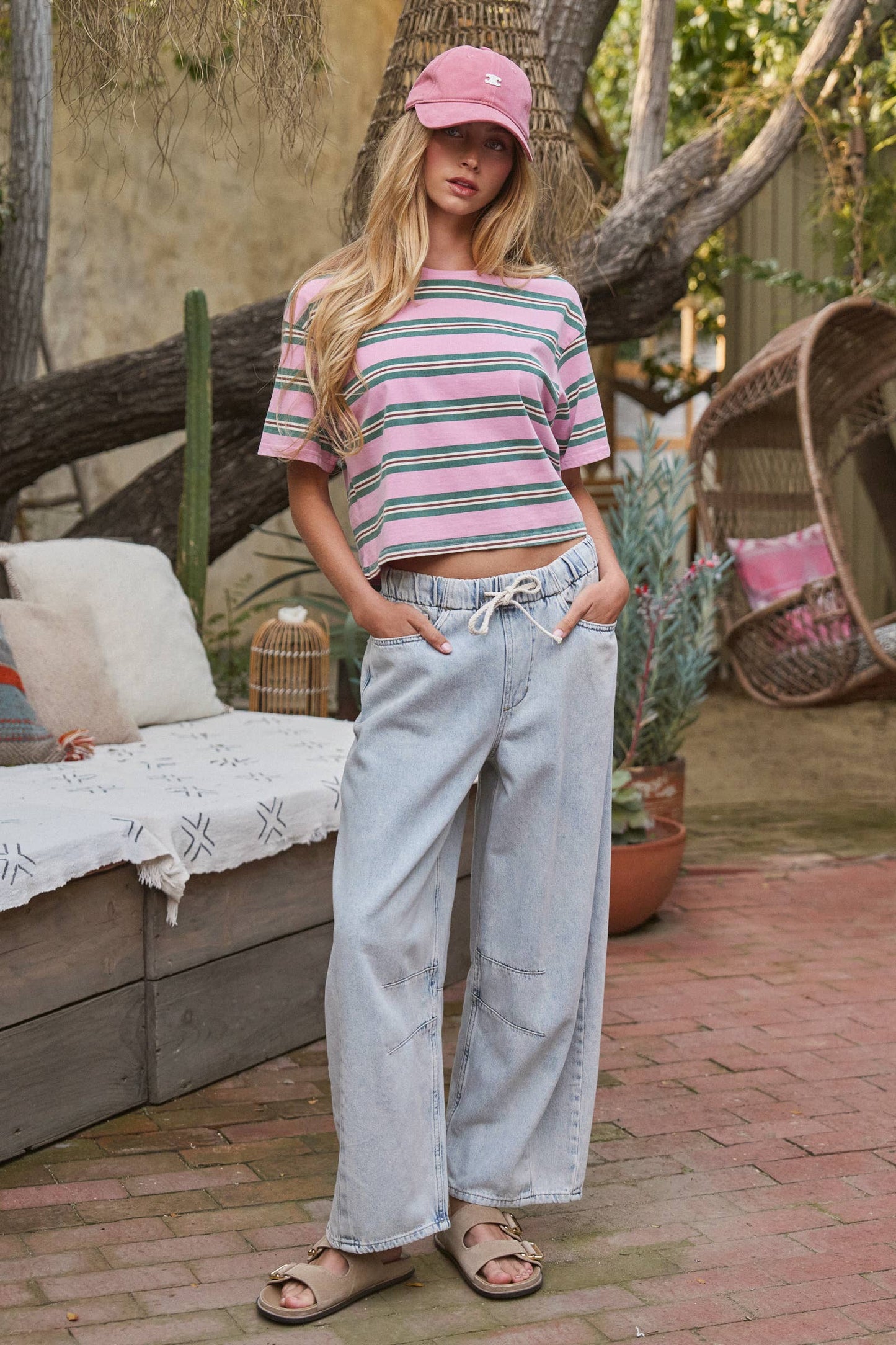 Urban Daizy - Vintage Washed Striped Cotton Crop Tee