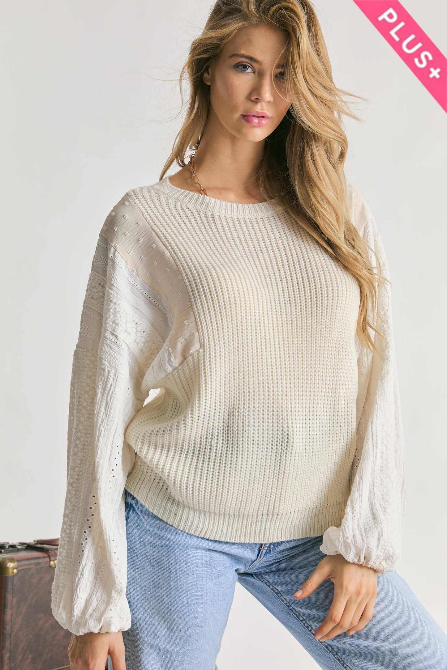 PLUS LACE DETAIL SLEEVE COLOR BLOCK MIXED FABRIC SWEATER PULL OVER TOP