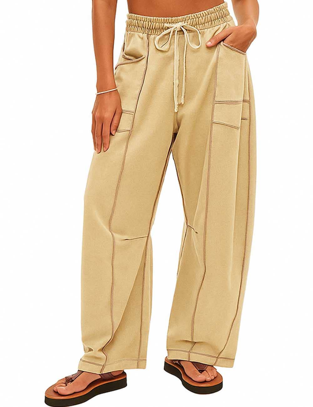 Ladies Contrast Stitching Elastic Waist Drawstring Barrel Pants