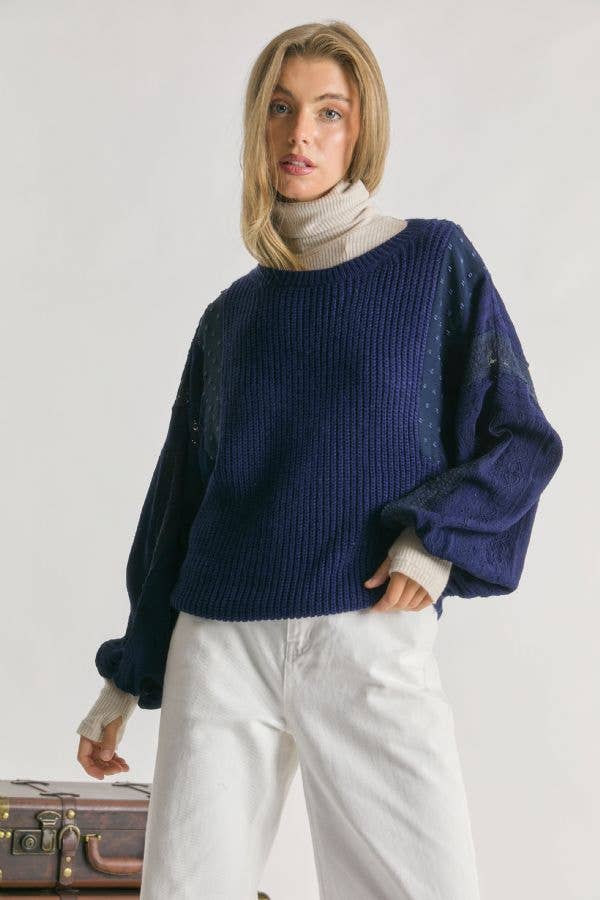 PLUS LACE DETAIL SLEEVE COLOR BLOCK MIXED FABRIC SWEATER PULL OVER TOP