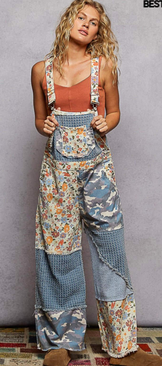 Multi pattern denim overall