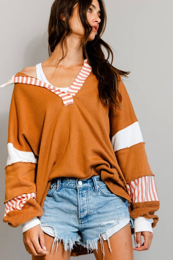 T2004 French Terry Knit Color-block Collared Loose Fit Top