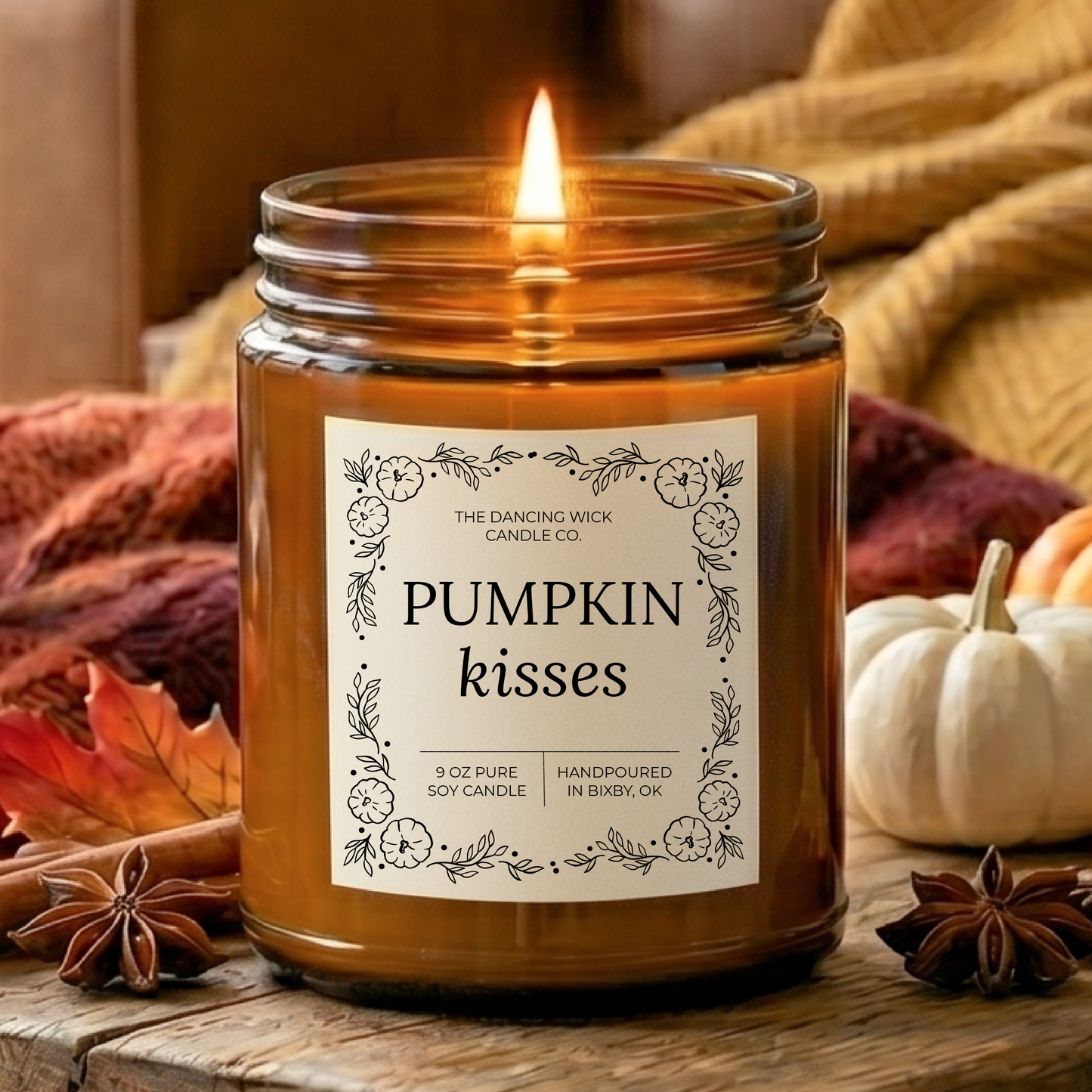 THE DANCING WICK CANDLES - Pumpkin Kisses Fall Soy Candle | 4 & 9 oz Amber Jar