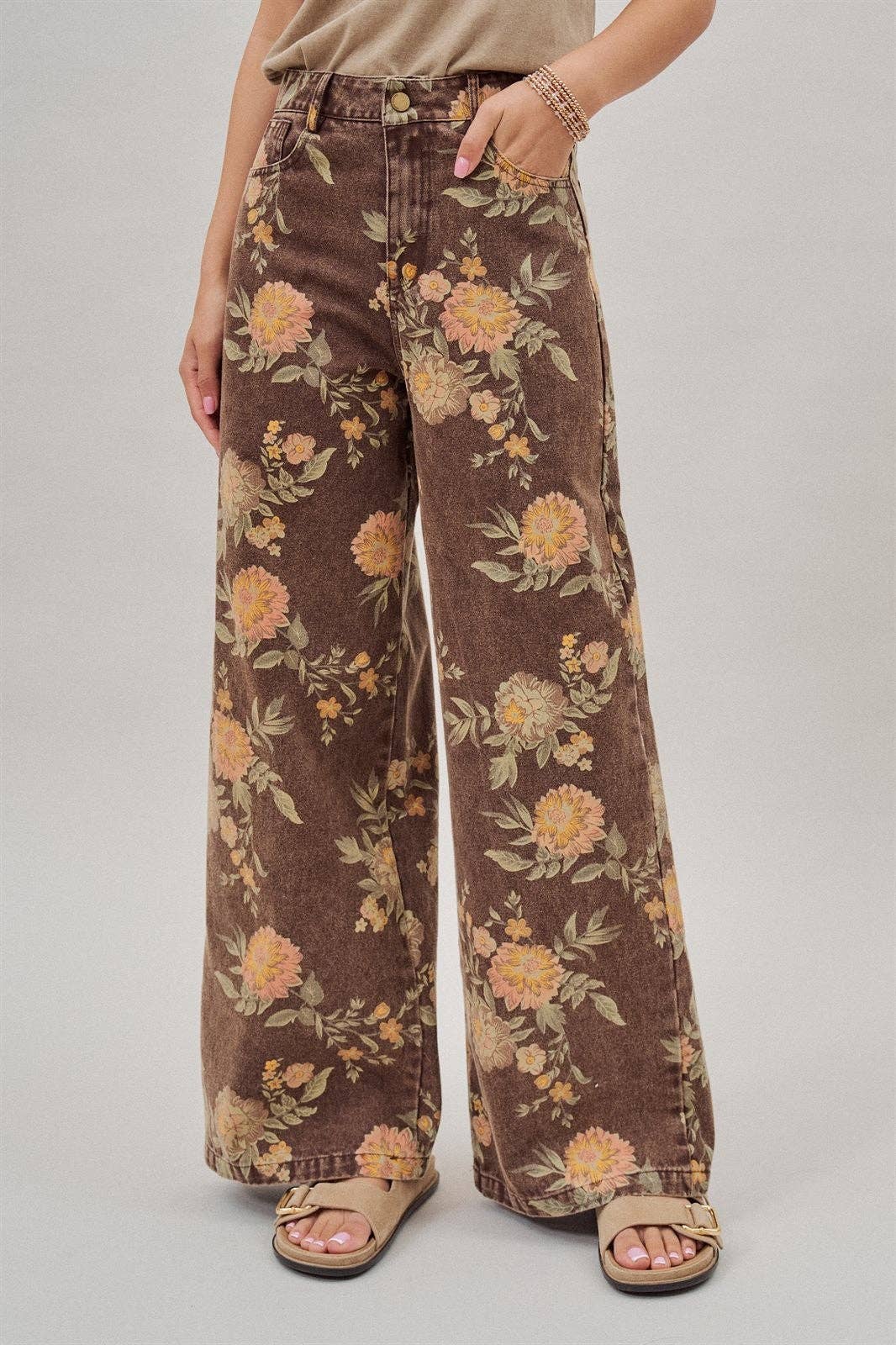 Urban Daizy - Vintage Botanical High-Rise Wide Leg Denim