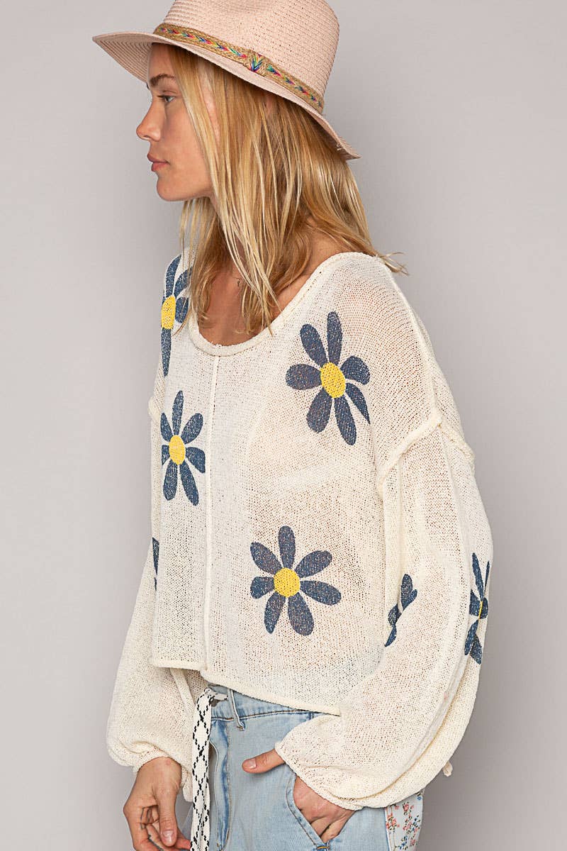 Round neck balloon sleeve floral prints sweater SALE