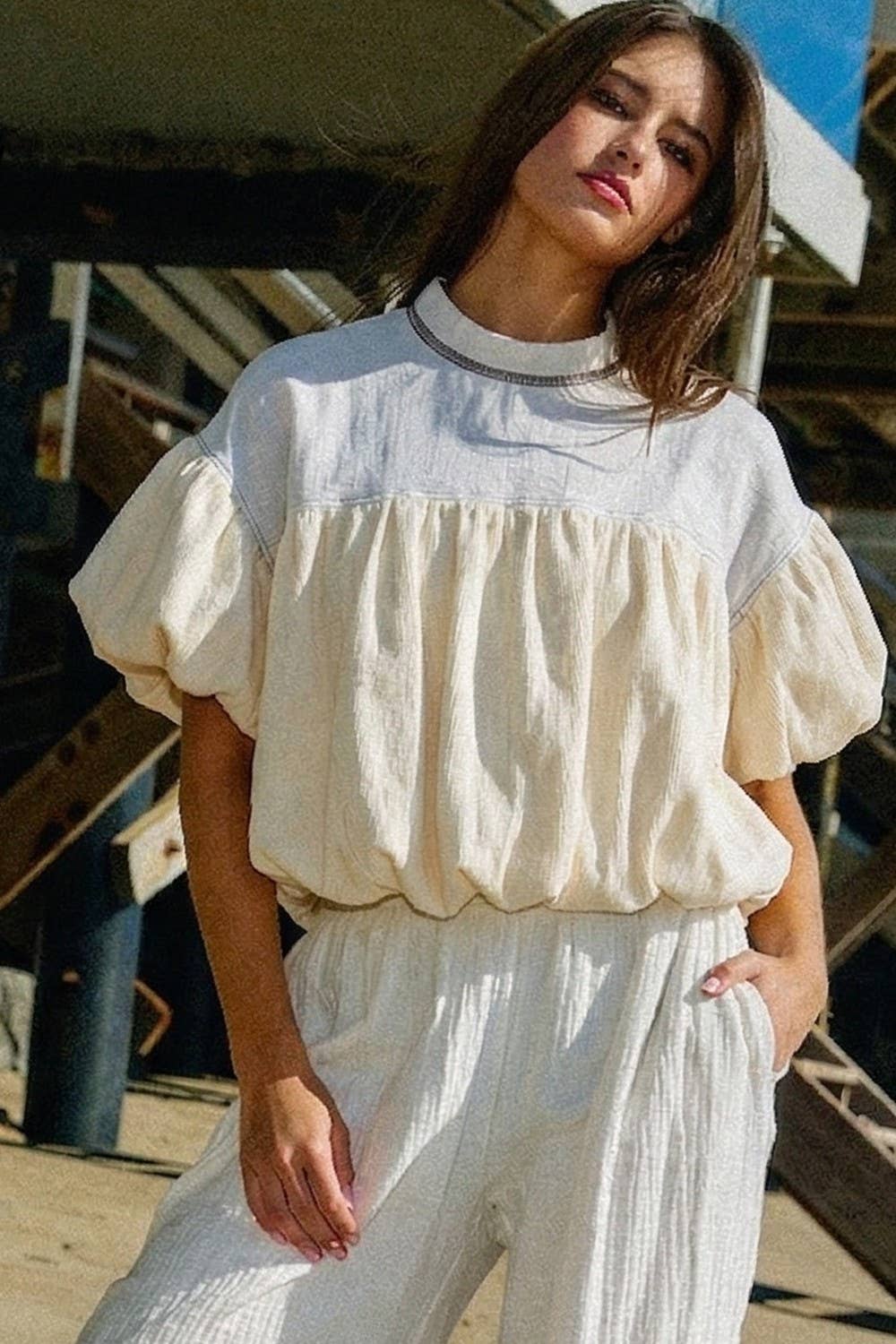 BUCKETLIST INC - T2965 Ruffle Sleeve & Hem Contrast Detail Crop Top
